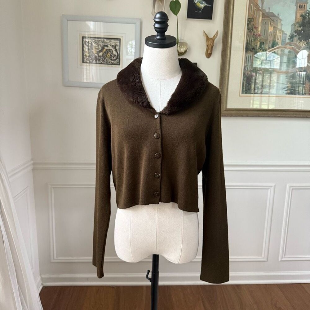 Vintage 90s Lennie Nina Leonard Cropped Faux Fur Collar Cardigan M